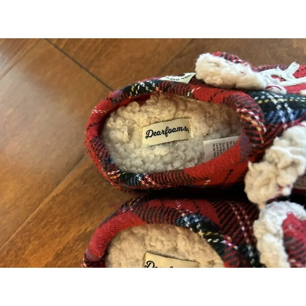 Dearfoams Kids Toddler  Little Kids Lil Bear‎ Plaid Red Slippers NEW 9-10  US